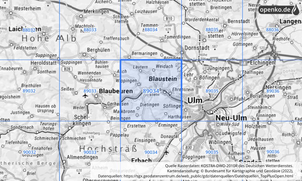 Übersichtskarte KOSTRA-DWD-2010R Rasterfeld Nr. 89034 mit angrenzenden Feldern