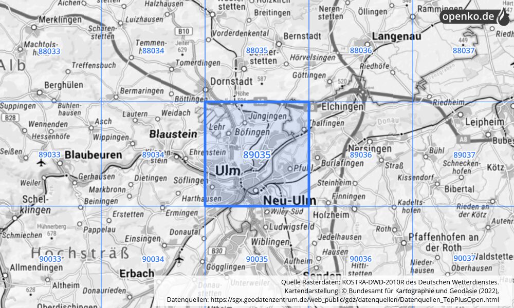 Übersichtskarte KOSTRA-DWD-2010R Rasterfeld Nr. 89035 mit angrenzenden Feldern