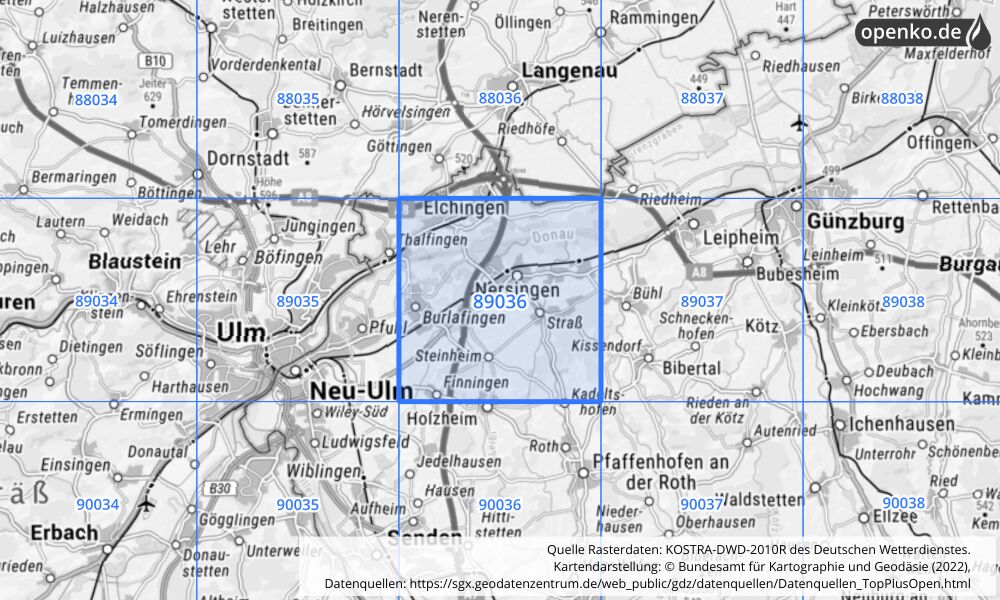 Übersichtskarte KOSTRA-DWD-2010R Rasterfeld Nr. 89036 mit angrenzenden Feldern