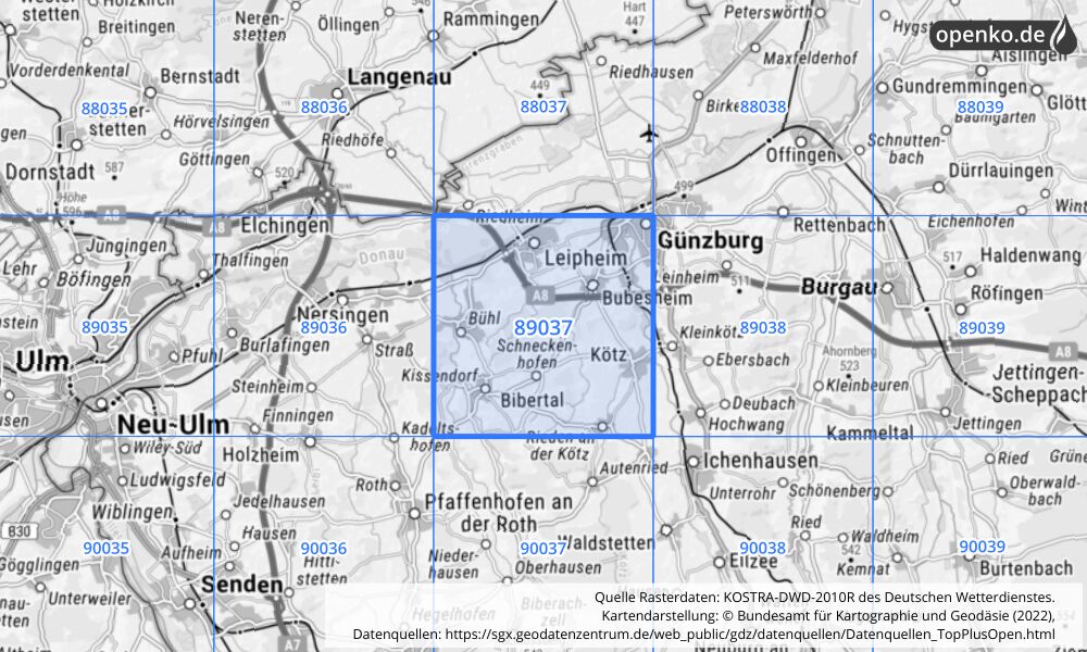 Übersichtskarte KOSTRA-DWD-2010R Rasterfeld Nr. 89037 mit angrenzenden Feldern