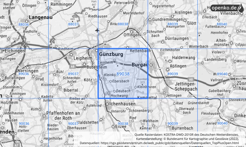 Übersichtskarte KOSTRA-DWD-2010R Rasterfeld Nr. 89038 mit angrenzenden Feldern