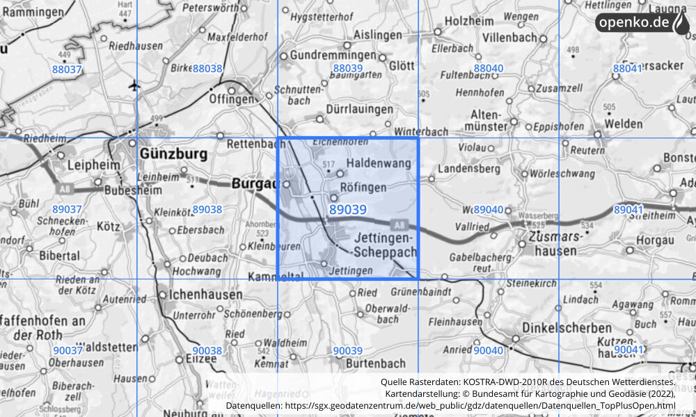 Übersichtskarte KOSTRA-DWD-2010R Rasterfeld Nr. 89039 mit angrenzenden Feldern