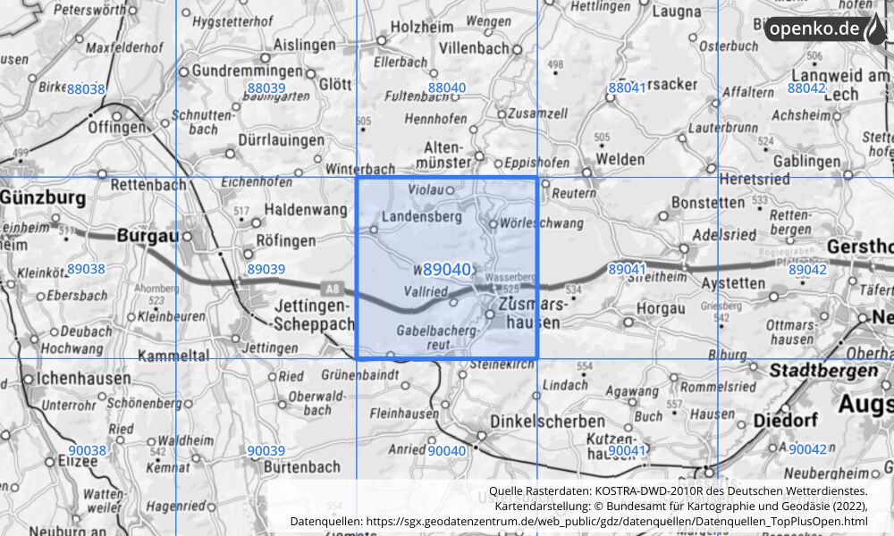 Übersichtskarte KOSTRA-DWD-2010R Rasterfeld Nr. 89040 mit angrenzenden Feldern