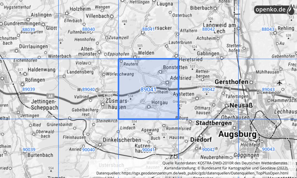 Übersichtskarte KOSTRA-DWD-2010R Rasterfeld Nr. 89041 mit angrenzenden Feldern