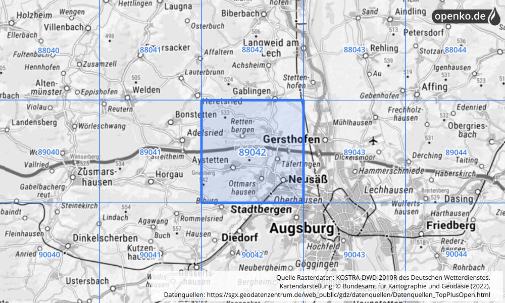 Übersichtskarte KOSTRA-DWD-2010R Rasterfeld Nr. 89042 mit angrenzenden Feldern