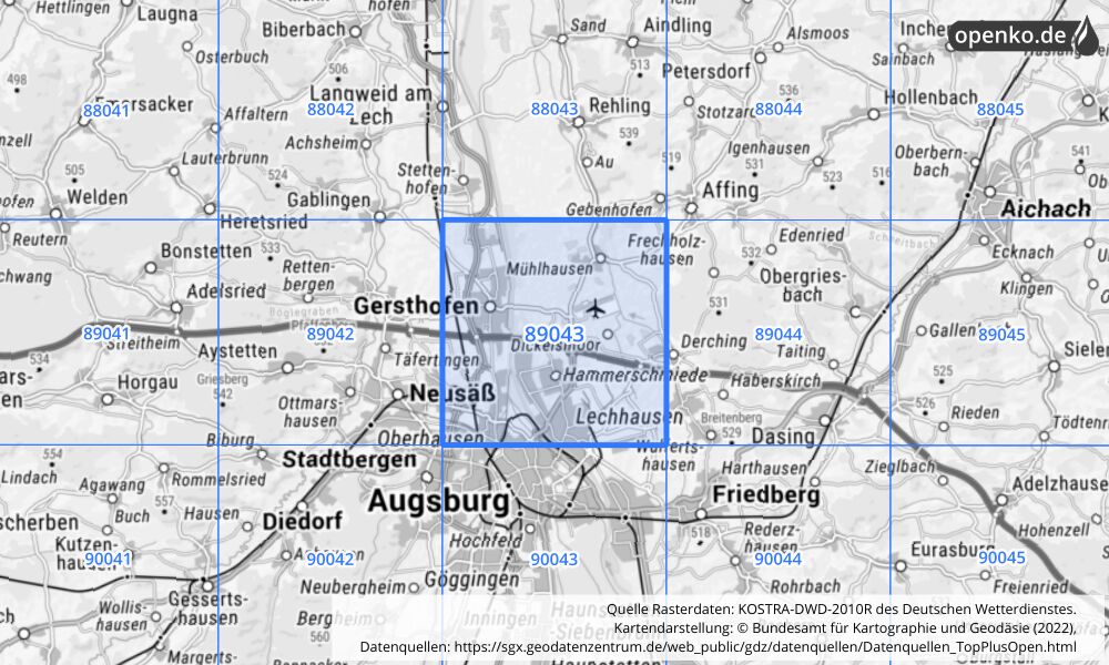 Übersichtskarte KOSTRA-DWD-2010R Rasterfeld Nr. 89043 mit angrenzenden Feldern