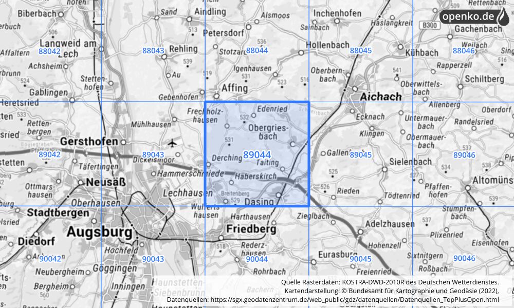 Übersichtskarte KOSTRA-DWD-2010R Rasterfeld Nr. 89044 mit angrenzenden Feldern