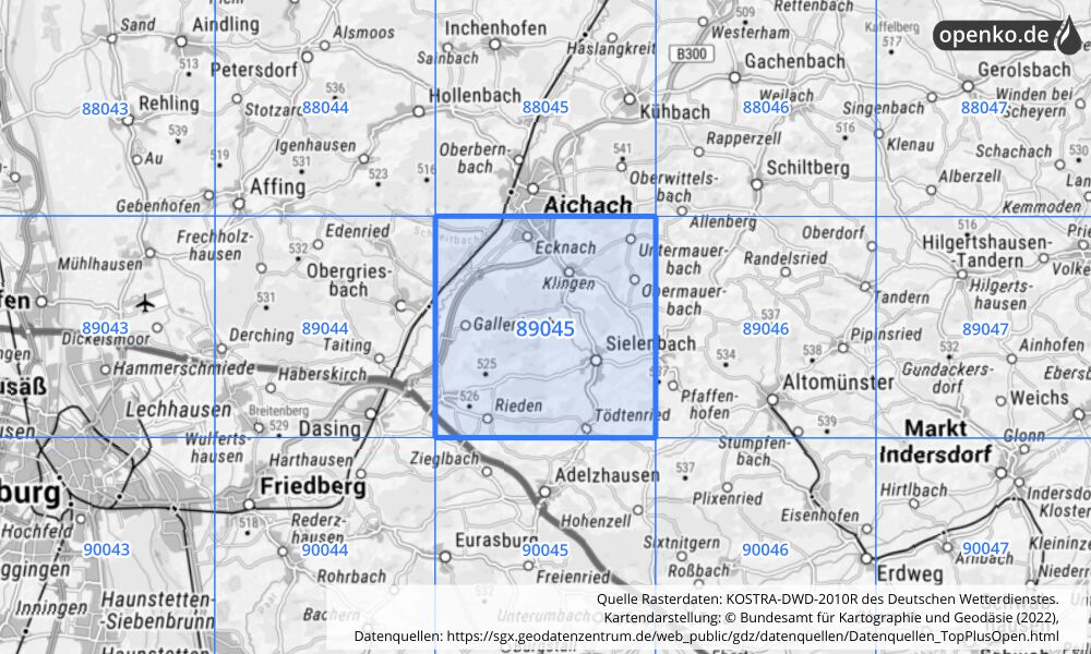 Übersichtskarte KOSTRA-DWD-2010R Rasterfeld Nr. 89045 mit angrenzenden Feldern