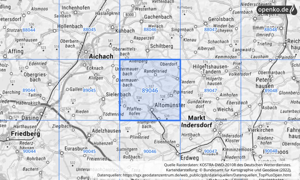 Übersichtskarte KOSTRA-DWD-2010R Rasterfeld Nr. 89046 mit angrenzenden Feldern