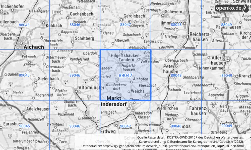 Übersichtskarte KOSTRA-DWD-2010R Rasterfeld Nr. 89047 mit angrenzenden Feldern