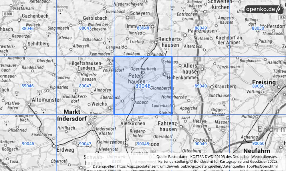 Übersichtskarte KOSTRA-DWD-2010R Rasterfeld Nr. 89048 mit angrenzenden Feldern