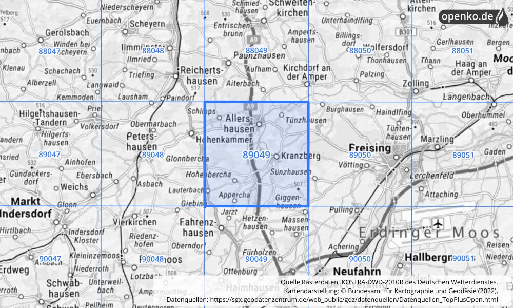 Übersichtskarte KOSTRA-DWD-2010R Rasterfeld Nr. 89049 mit angrenzenden Feldern