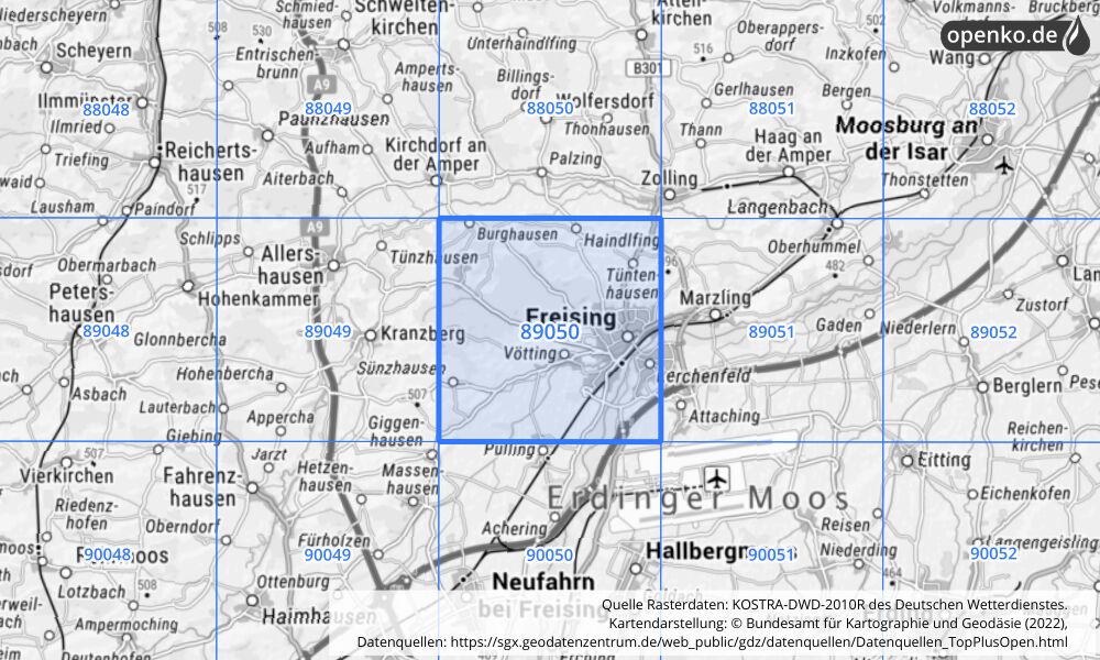 Übersichtskarte KOSTRA-DWD-2010R Rasterfeld Nr. 89050 mit angrenzenden Feldern