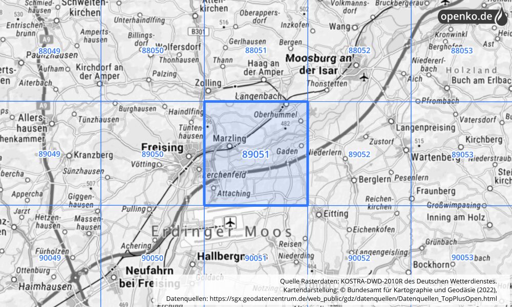 Übersichtskarte KOSTRA-DWD-2010R Rasterfeld Nr. 89051 mit angrenzenden Feldern