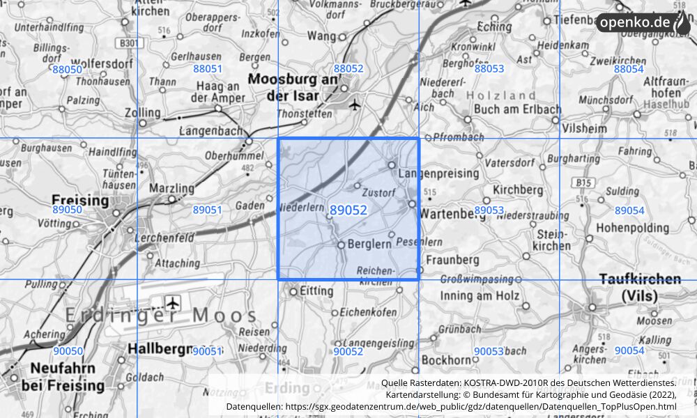 Übersichtskarte KOSTRA-DWD-2010R Rasterfeld Nr. 89052 mit angrenzenden Feldern