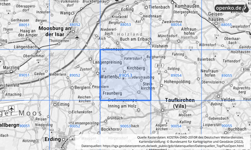 Übersichtskarte KOSTRA-DWD-2010R Rasterfeld Nr. 89053 mit angrenzenden Feldern