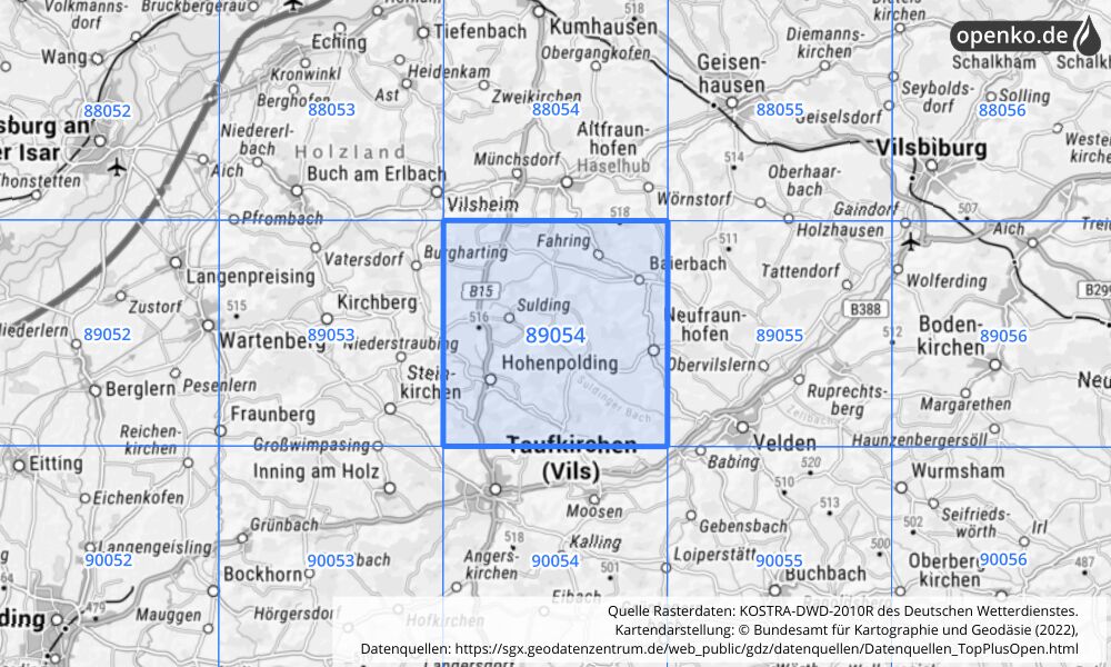 Übersichtskarte KOSTRA-DWD-2010R Rasterfeld Nr. 89054 mit angrenzenden Feldern