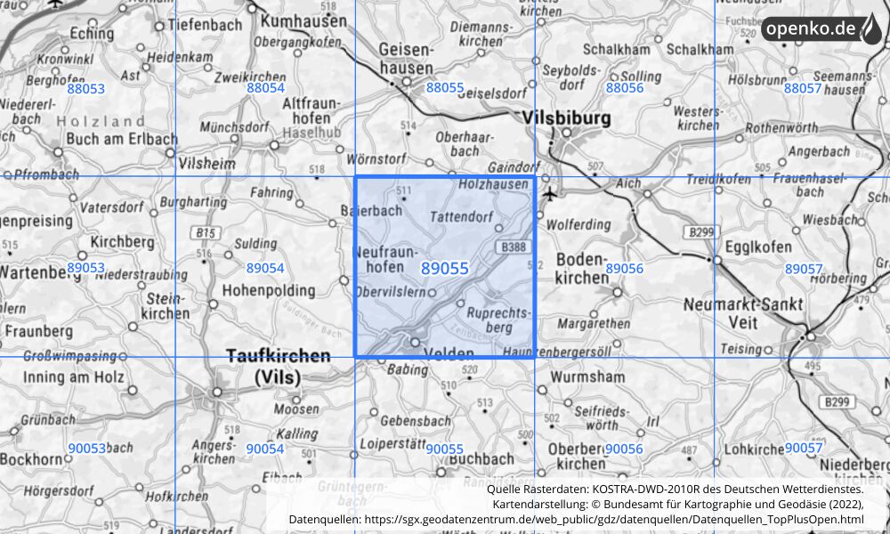 Übersichtskarte KOSTRA-DWD-2010R Rasterfeld Nr. 89055 mit angrenzenden Feldern