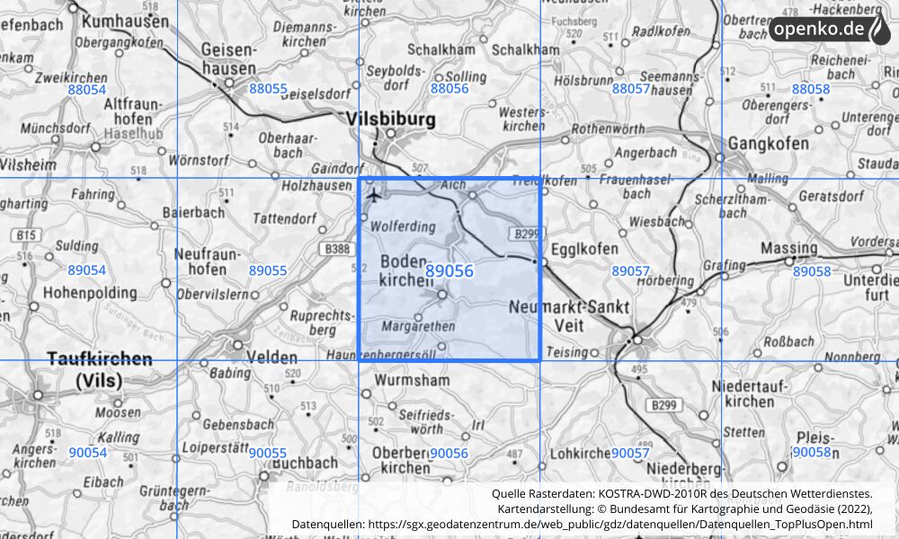 Übersichtskarte KOSTRA-DWD-2010R Rasterfeld Nr. 89056 mit angrenzenden Feldern