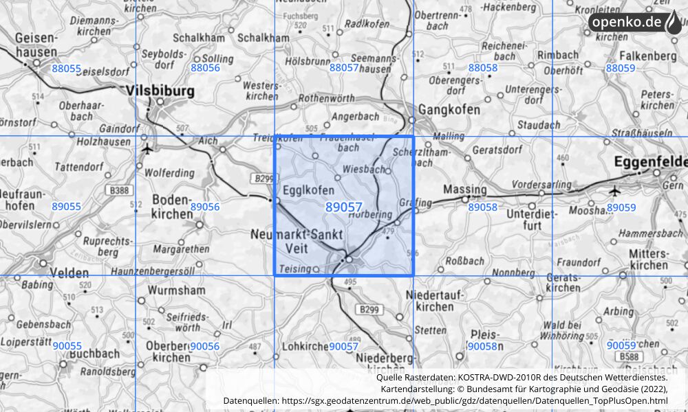 Übersichtskarte KOSTRA-DWD-2010R Rasterfeld Nr. 89057 mit angrenzenden Feldern