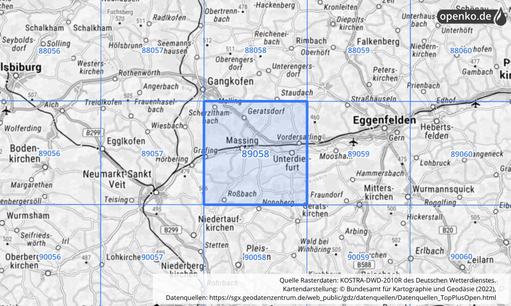 Übersichtskarte KOSTRA-DWD-2010R Rasterfeld Nr. 89058 mit angrenzenden Feldern