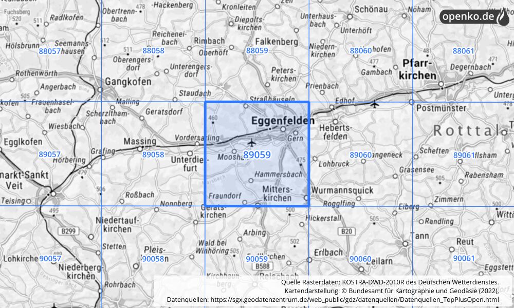 Übersichtskarte KOSTRA-DWD-2010R Rasterfeld Nr. 89059 mit angrenzenden Feldern