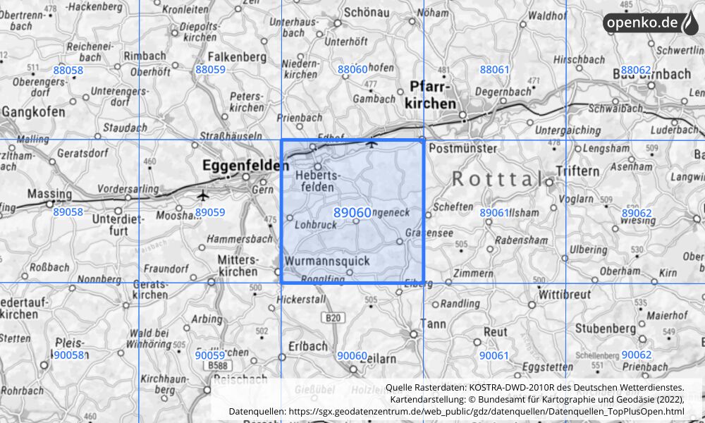 Übersichtskarte KOSTRA-DWD-2010R Rasterfeld Nr. 89060 mit angrenzenden Feldern