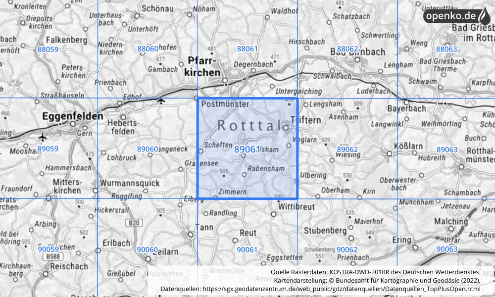 Übersichtskarte KOSTRA-DWD-2010R Rasterfeld Nr. 89061 mit angrenzenden Feldern