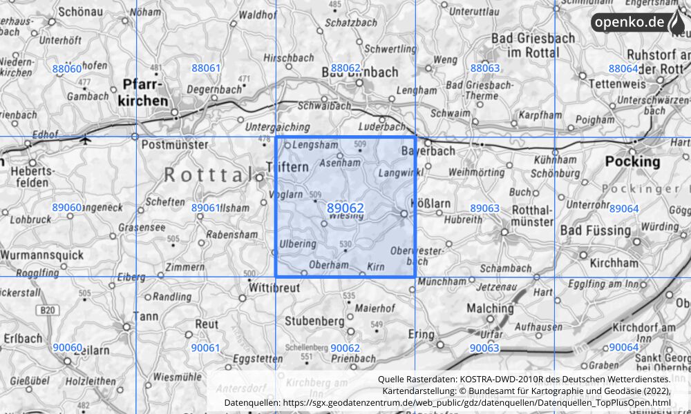 Übersichtskarte KOSTRA-DWD-2010R Rasterfeld Nr. 89062 mit angrenzenden Feldern