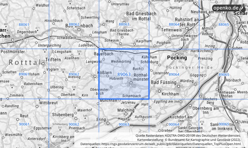 Übersichtskarte KOSTRA-DWD-2010R Rasterfeld Nr. 89063 mit angrenzenden Feldern