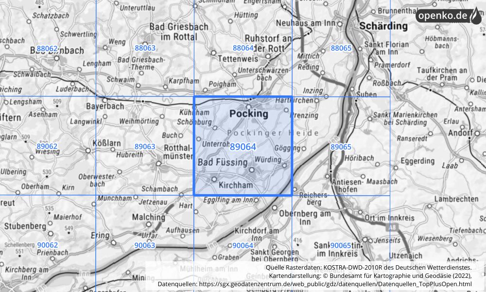 Übersichtskarte KOSTRA-DWD-2010R Rasterfeld Nr. 89064 mit angrenzenden Feldern