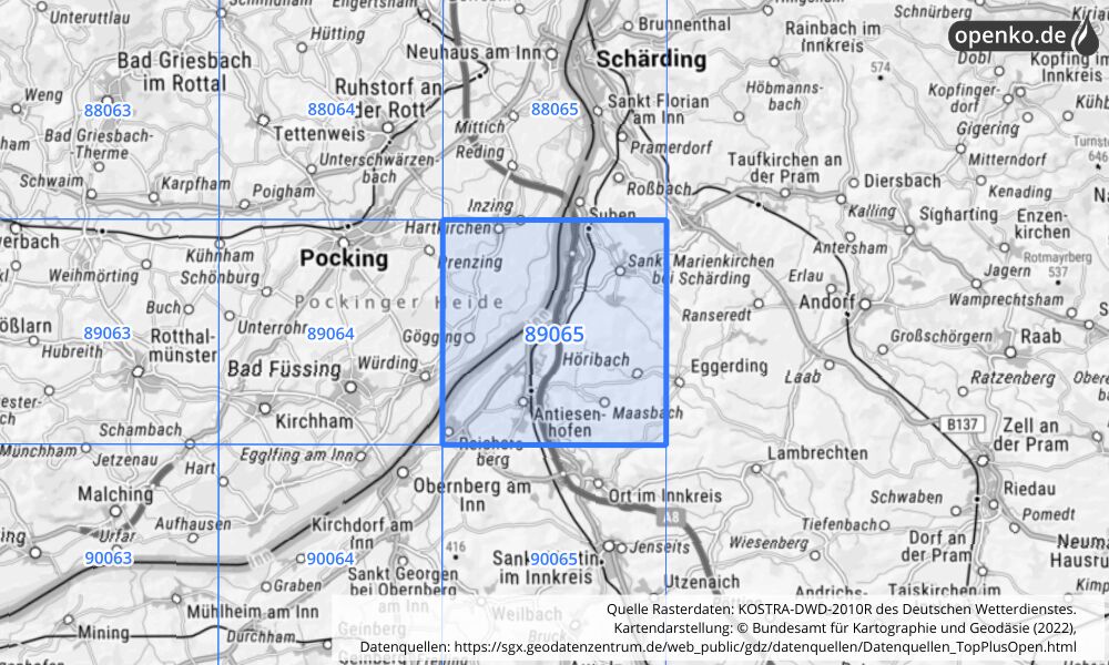 Übersichtskarte KOSTRA-DWD-2010R Rasterfeld Nr. 89065 mit angrenzenden Feldern