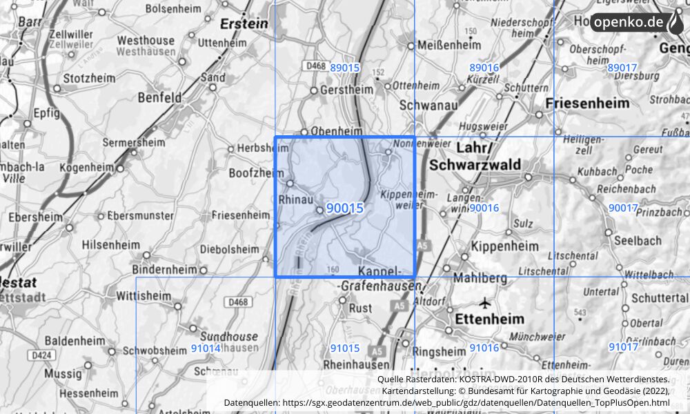 Übersichtskarte KOSTRA-DWD-2010R Rasterfeld Nr. 90015 mit angrenzenden Feldern