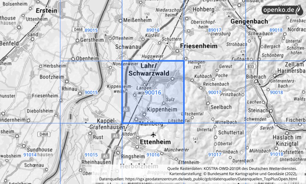 Übersichtskarte KOSTRA-DWD-2010R Rasterfeld Nr. 90016 mit angrenzenden Feldern