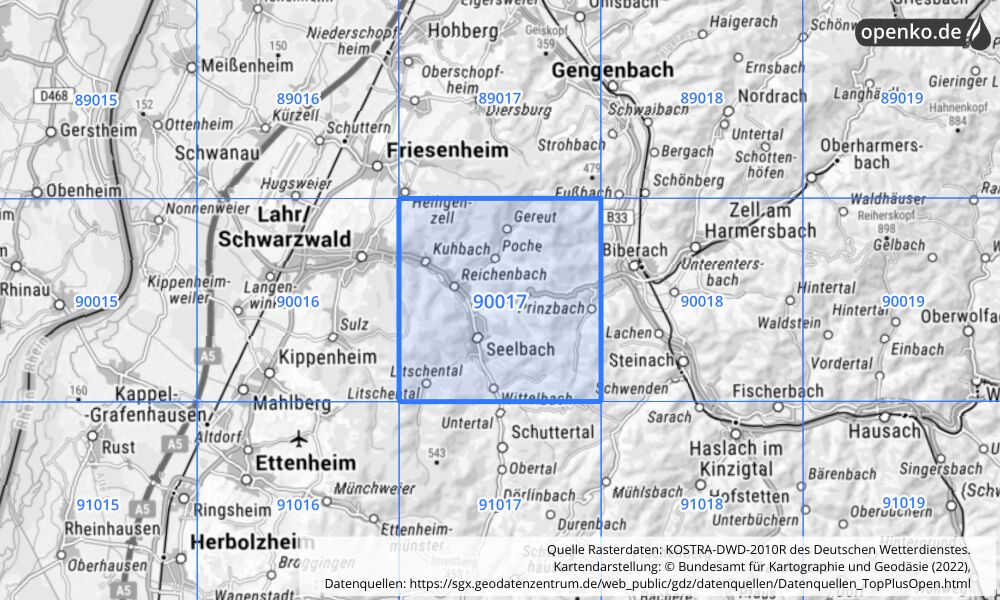 Übersichtskarte KOSTRA-DWD-2010R Rasterfeld Nr. 90017 mit angrenzenden Feldern