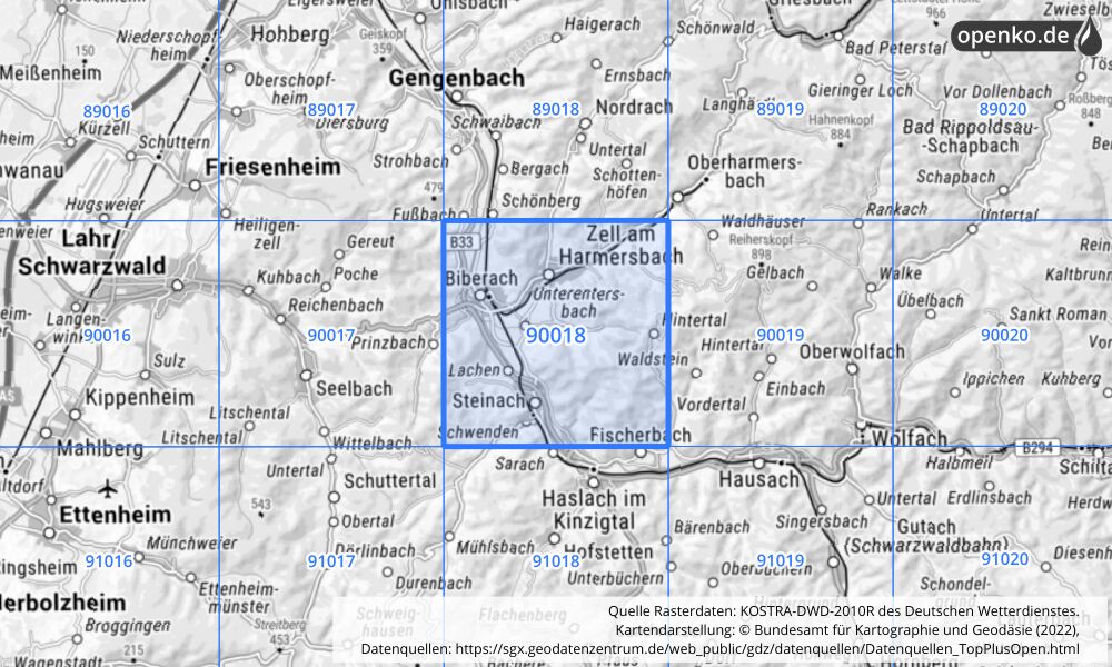 Übersichtskarte KOSTRA-DWD-2010R Rasterfeld Nr. 90018 mit angrenzenden Feldern