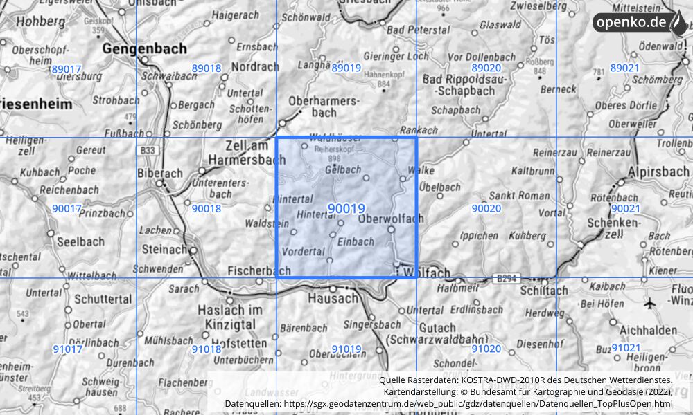 Übersichtskarte KOSTRA-DWD-2010R Rasterfeld Nr. 90019 mit angrenzenden Feldern