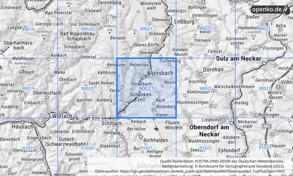 Übersichtskarte KOSTRA-DWD-2010R Rasterfeld Nr. 90021 mit angrenzenden Feldern