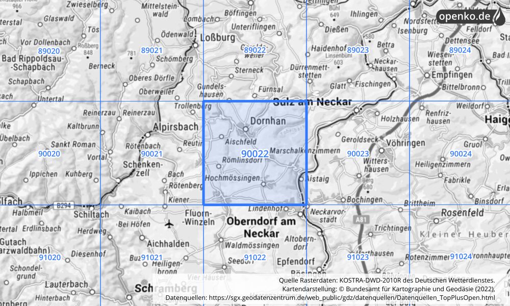 Übersichtskarte KOSTRA-DWD-2010R Rasterfeld Nr. 90022 mit angrenzenden Feldern