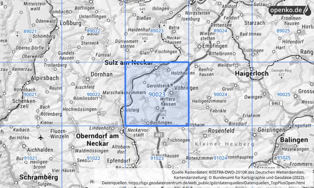 Übersichtskarte KOSTRA-DWD-2010R Rasterfeld Nr. 90023 mit angrenzenden Feldern