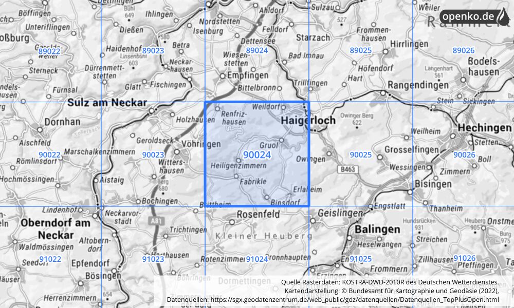 Übersichtskarte KOSTRA-DWD-2010R Rasterfeld Nr. 90024 mit angrenzenden Feldern