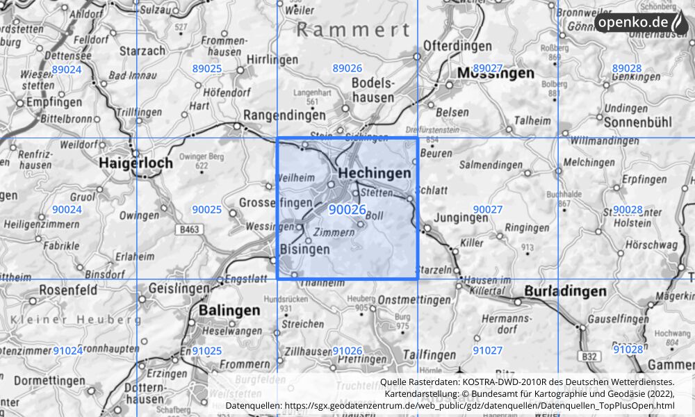 Übersichtskarte KOSTRA-DWD-2010R Rasterfeld Nr. 90026 mit angrenzenden Feldern