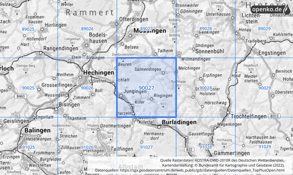 Übersichtskarte KOSTRA-DWD-2010R Rasterfeld Nr. 90027 mit angrenzenden Feldern