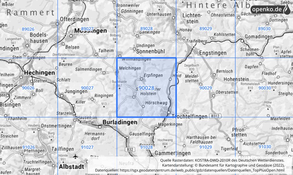 Übersichtskarte KOSTRA-DWD-2010R Rasterfeld Nr. 90028 mit angrenzenden Feldern