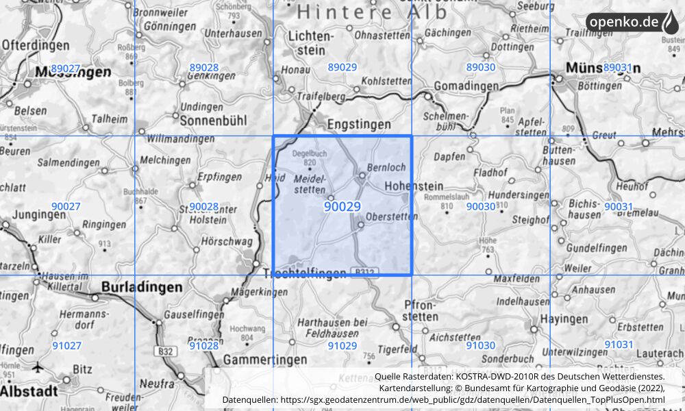 Übersichtskarte KOSTRA-DWD-2010R Rasterfeld Nr. 90029 mit angrenzenden Feldern