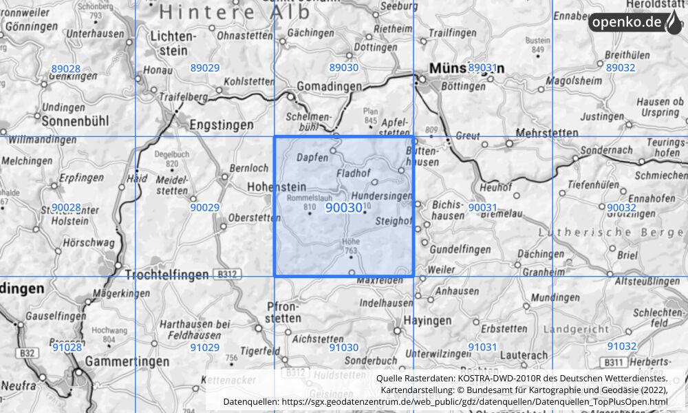 Übersichtskarte KOSTRA-DWD-2010R Rasterfeld Nr. 90030 mit angrenzenden Feldern