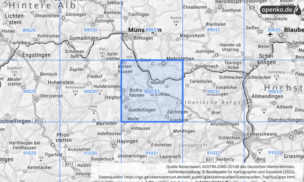 Übersichtskarte KOSTRA-DWD-2010R Rasterfeld Nr. 90031 mit angrenzenden Feldern