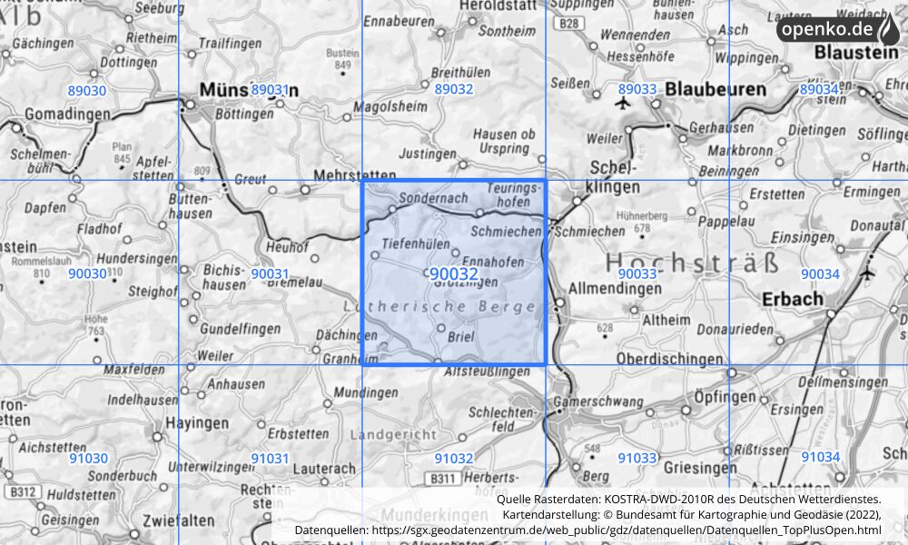 Übersichtskarte KOSTRA-DWD-2010R Rasterfeld Nr. 90032 mit angrenzenden Feldern