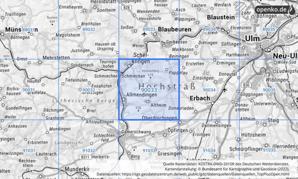 Übersichtskarte KOSTRA-DWD-2010R Rasterfeld Nr. 90033 mit angrenzenden Feldern