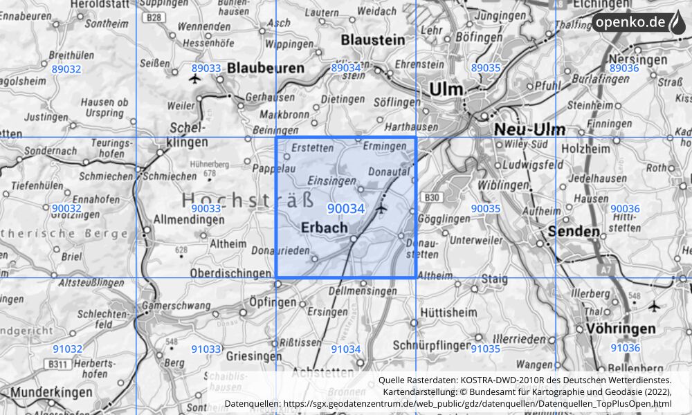 Übersichtskarte KOSTRA-DWD-2010R Rasterfeld Nr. 90034 mit angrenzenden Feldern